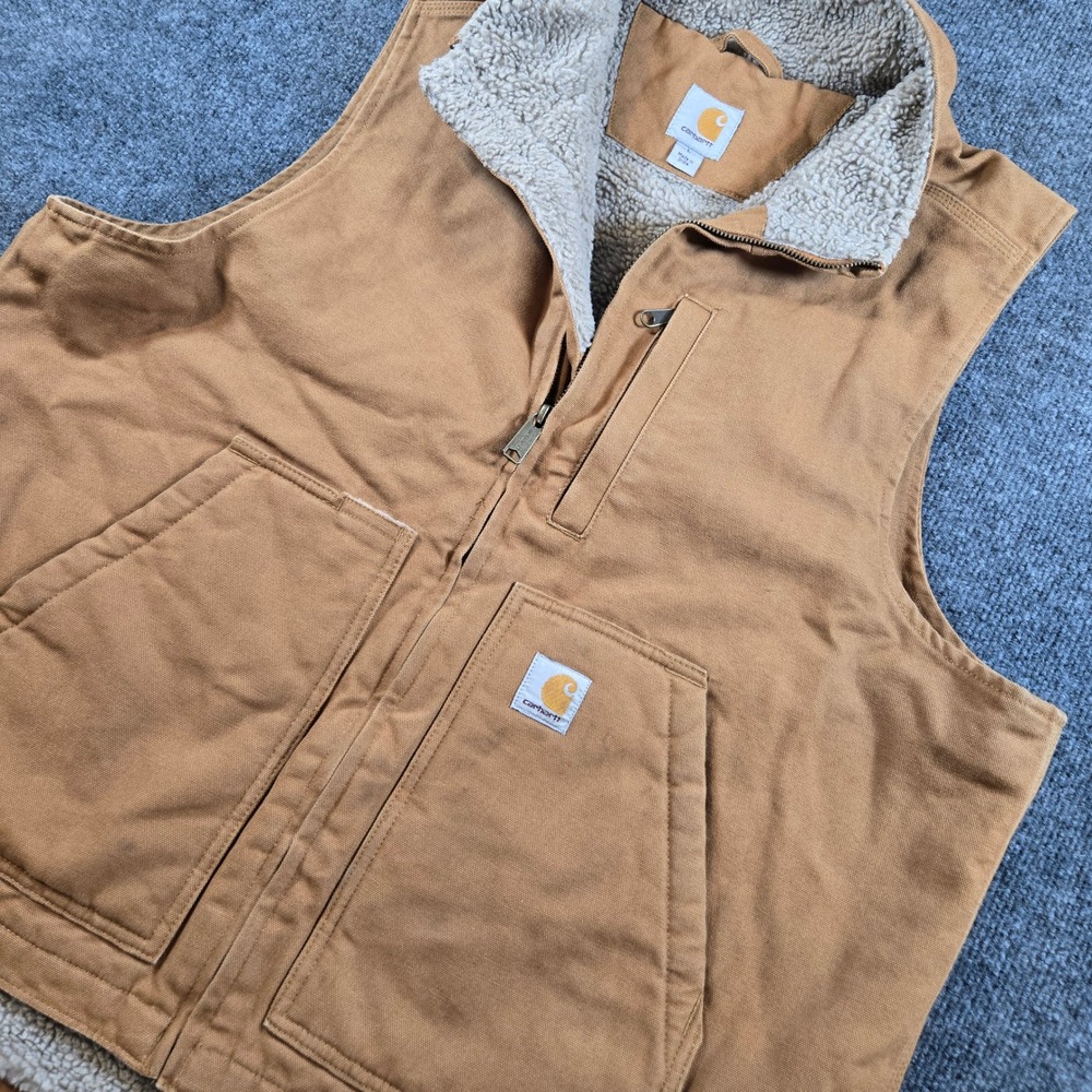 Carhartt Washed Duck Sherpa Lined Mock Neck Canvas Vest Brown Men's L Gorpcore